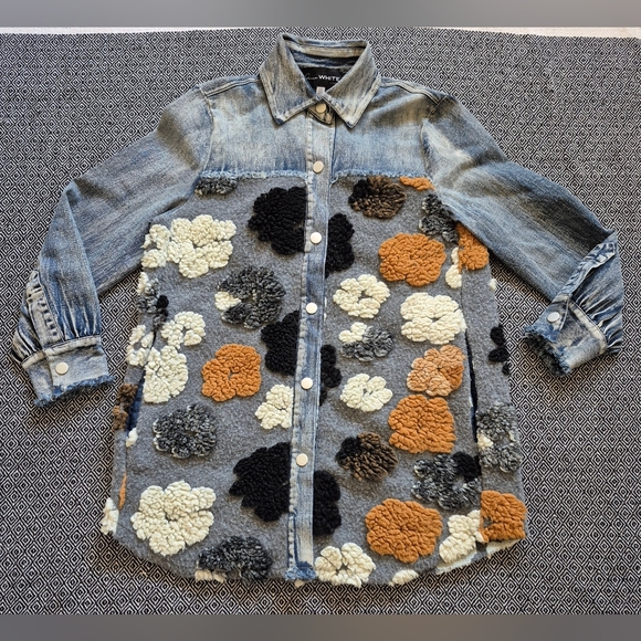 Donna White Coats Jackets & Blazers - Donna White Coats Denim Shacket With Plush Floral Design Size Small